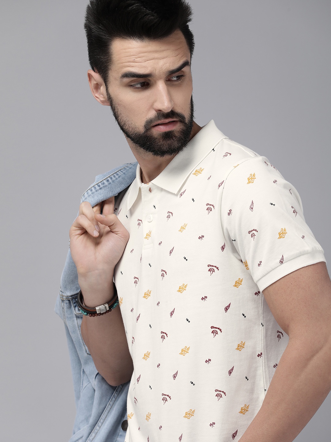 

Roadster Men White Printed Polo Collar Pure Cotton T-shirt