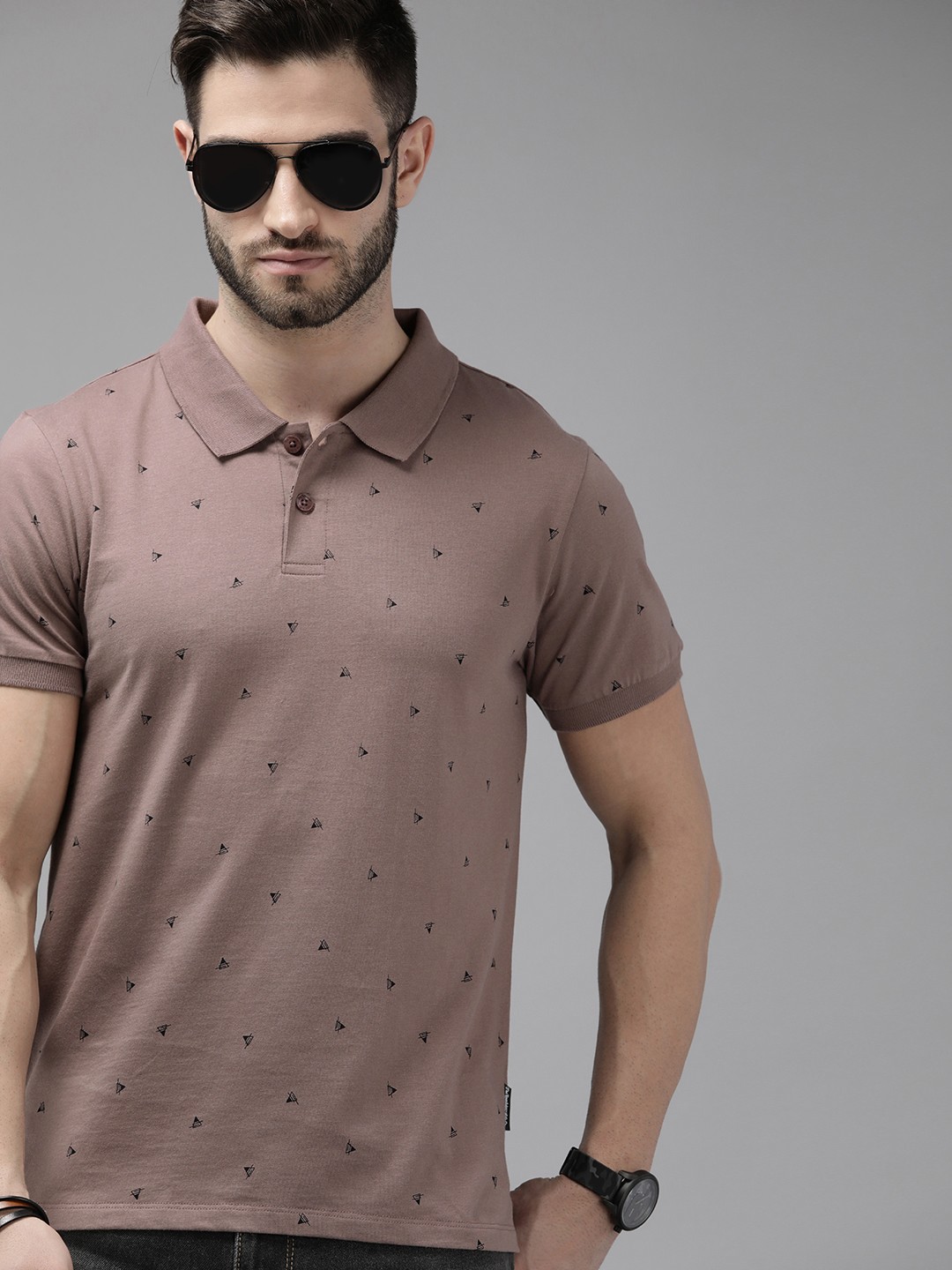 

The Roadster Lifestyle Co. Men Mauve & Black Printed Pure Cotton Polo Collar T-shirt