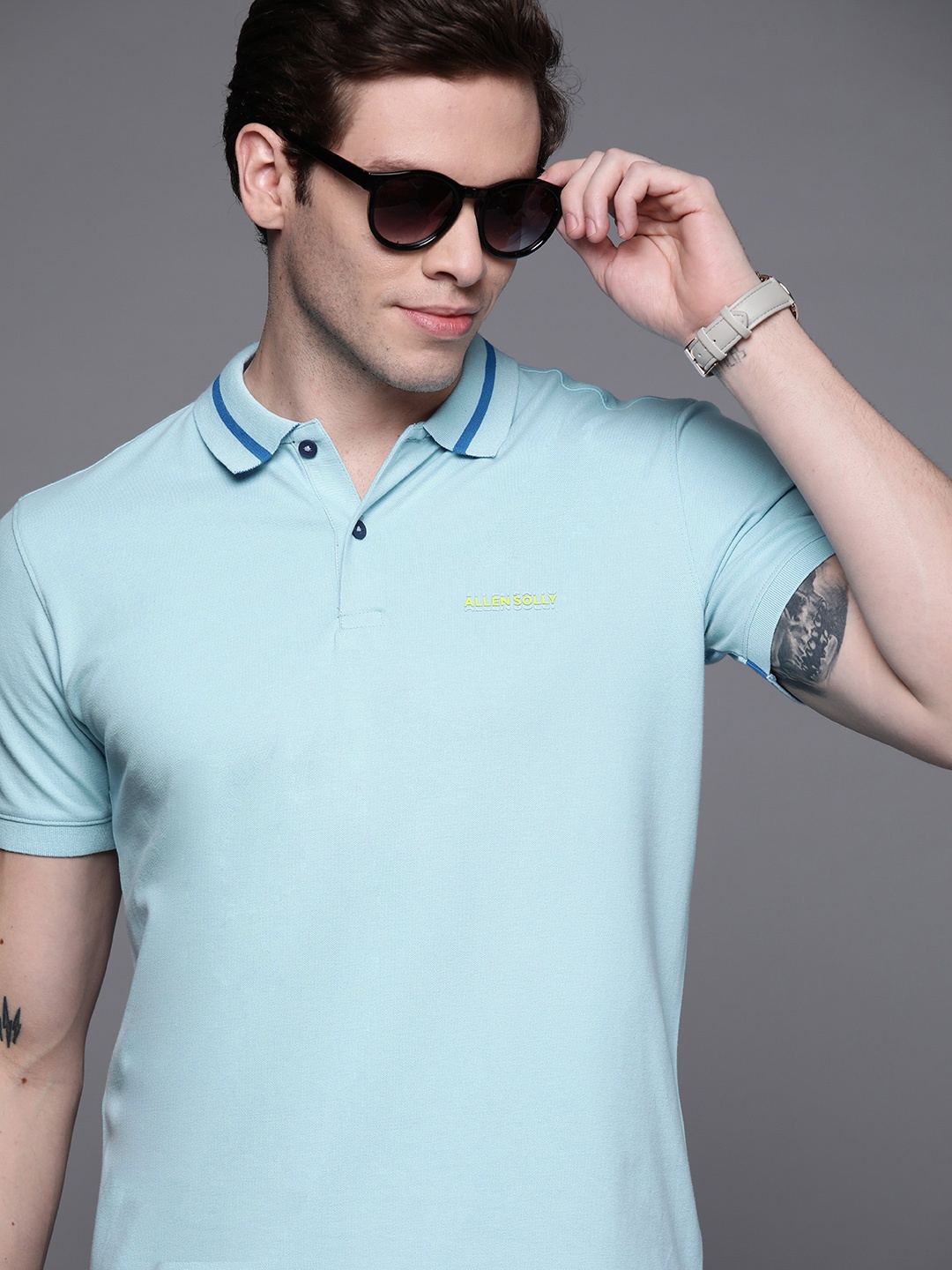 

Allen Solly Sport Men Blue Solid Pure Cotton Polo Collar T-shirt