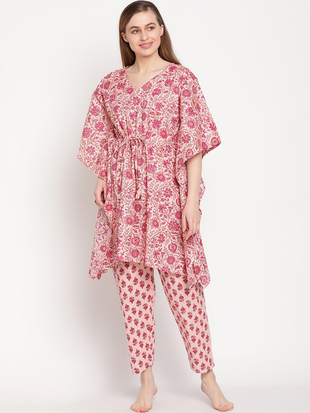 

TAG 7 Women Pink Floral Printed Kaftan Night suits