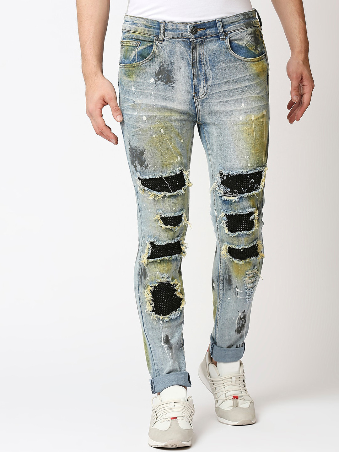 

WAIMEA Men Blue & Green Skinny Fit Highly Distressed Heavy Fade Stretchable Jeans
