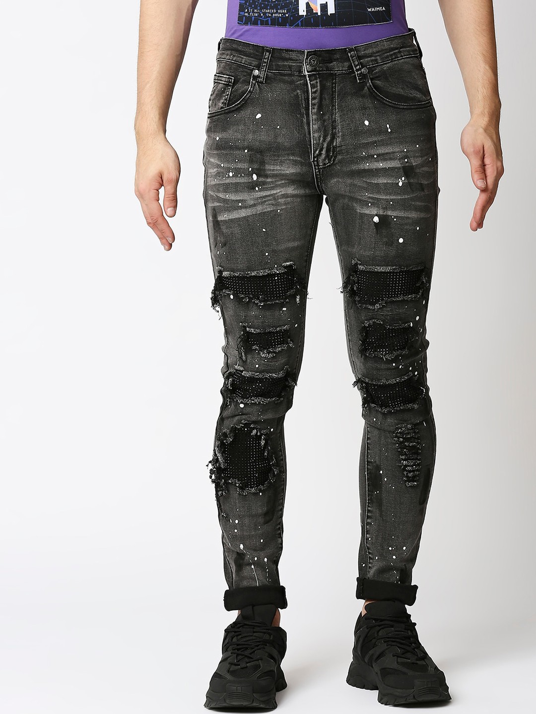 

WAIMEA Men Black Skinny Fit Splattered Highly Distressed Stretchable Jeans