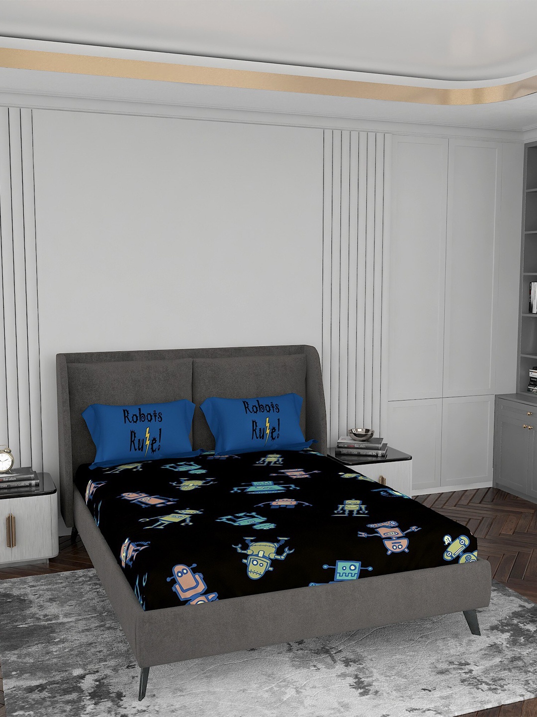 

LABHAM Blue & Black Printed 220 TC King Bedsheet with 2 Pillow Covers