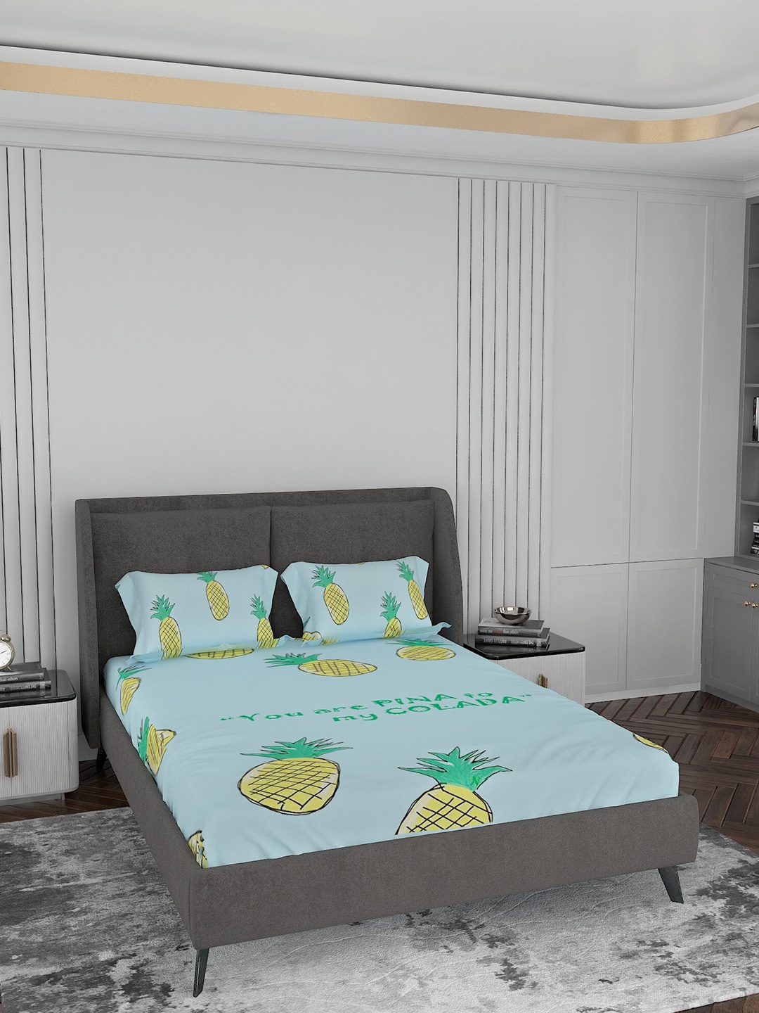

LABHAM Turquoise Blue & Yellow Graphic 220 TC King Bedsheet with 2 Pillow Covers