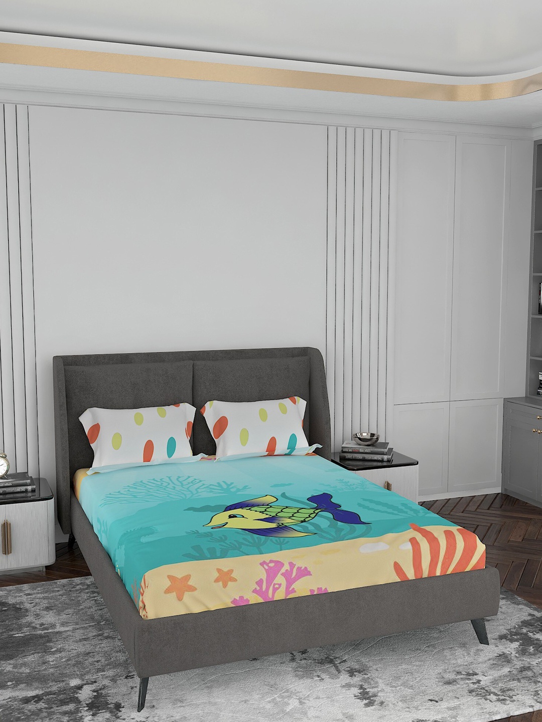 

LABHAM Sea Green & Beige Graphic 220 TC Pure Cotton King Bedsheet with 2 Pillow Covers