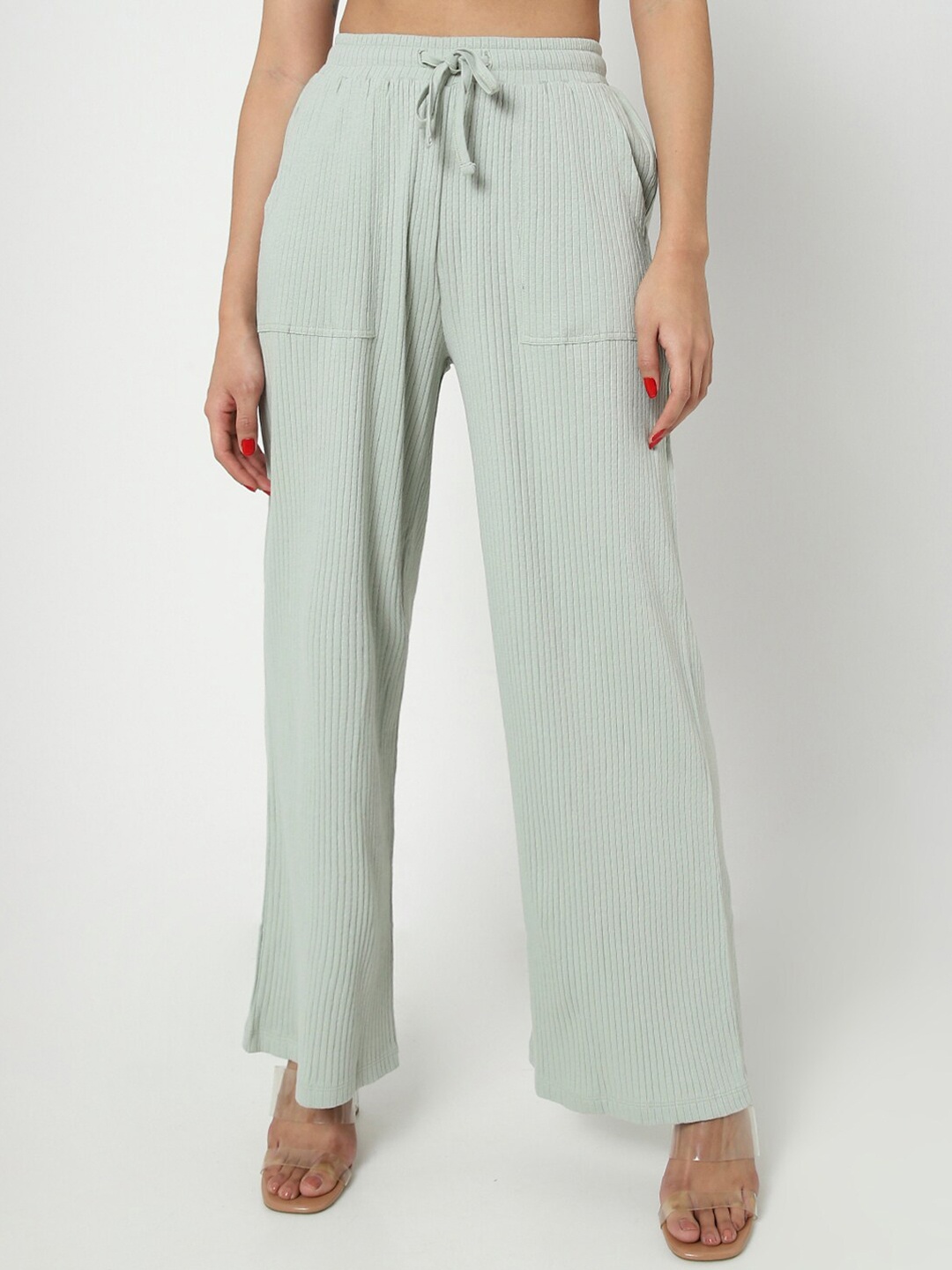 

Bewakoof Women Sage Green Striped Cotton Trousers