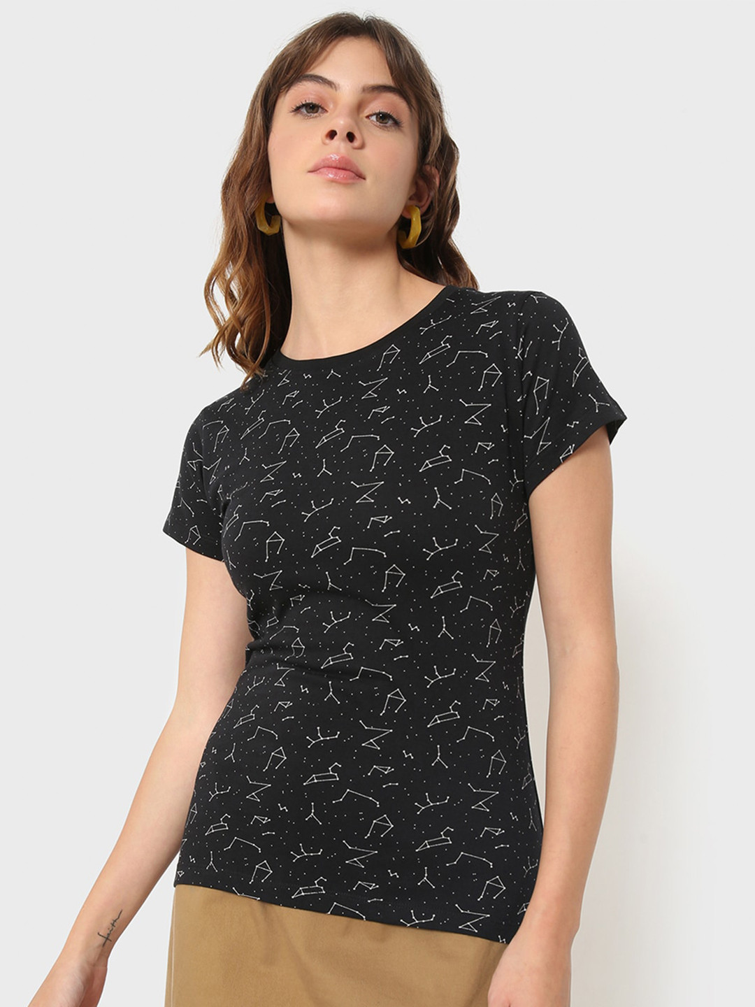 

Bewakoof Women Black Printed Cotton T-shirt