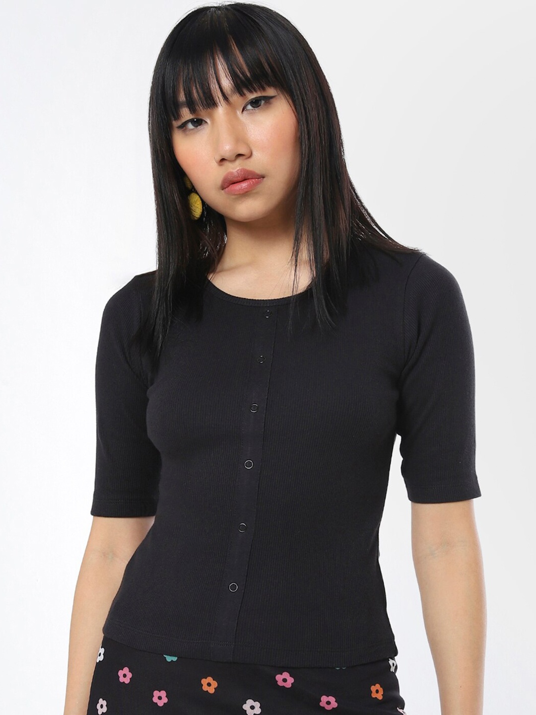 

Bewakoof Women Black Front Placket Cotton T-shirt