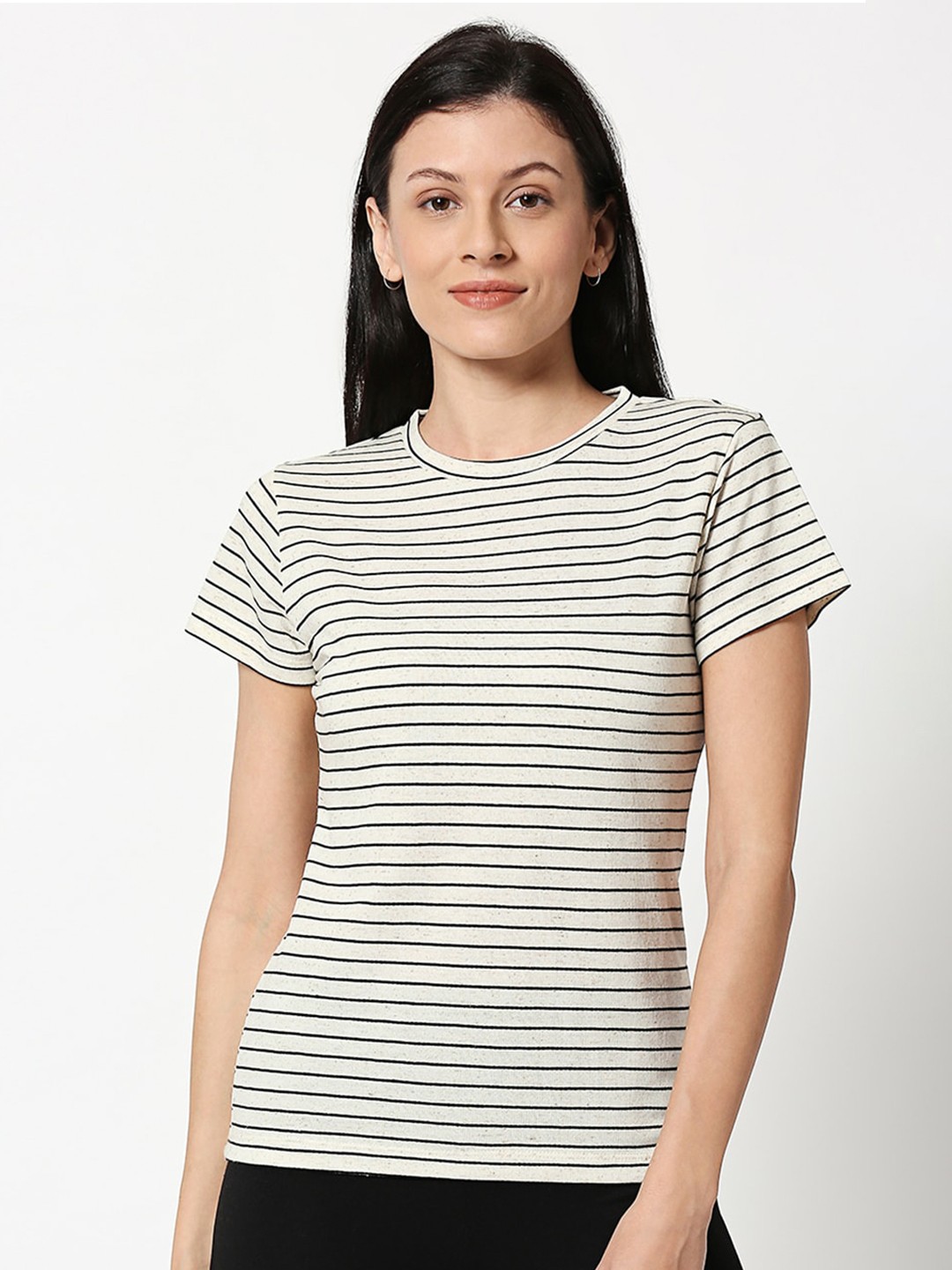 

Bewakoof Women Beige & Black Striped T-shirt