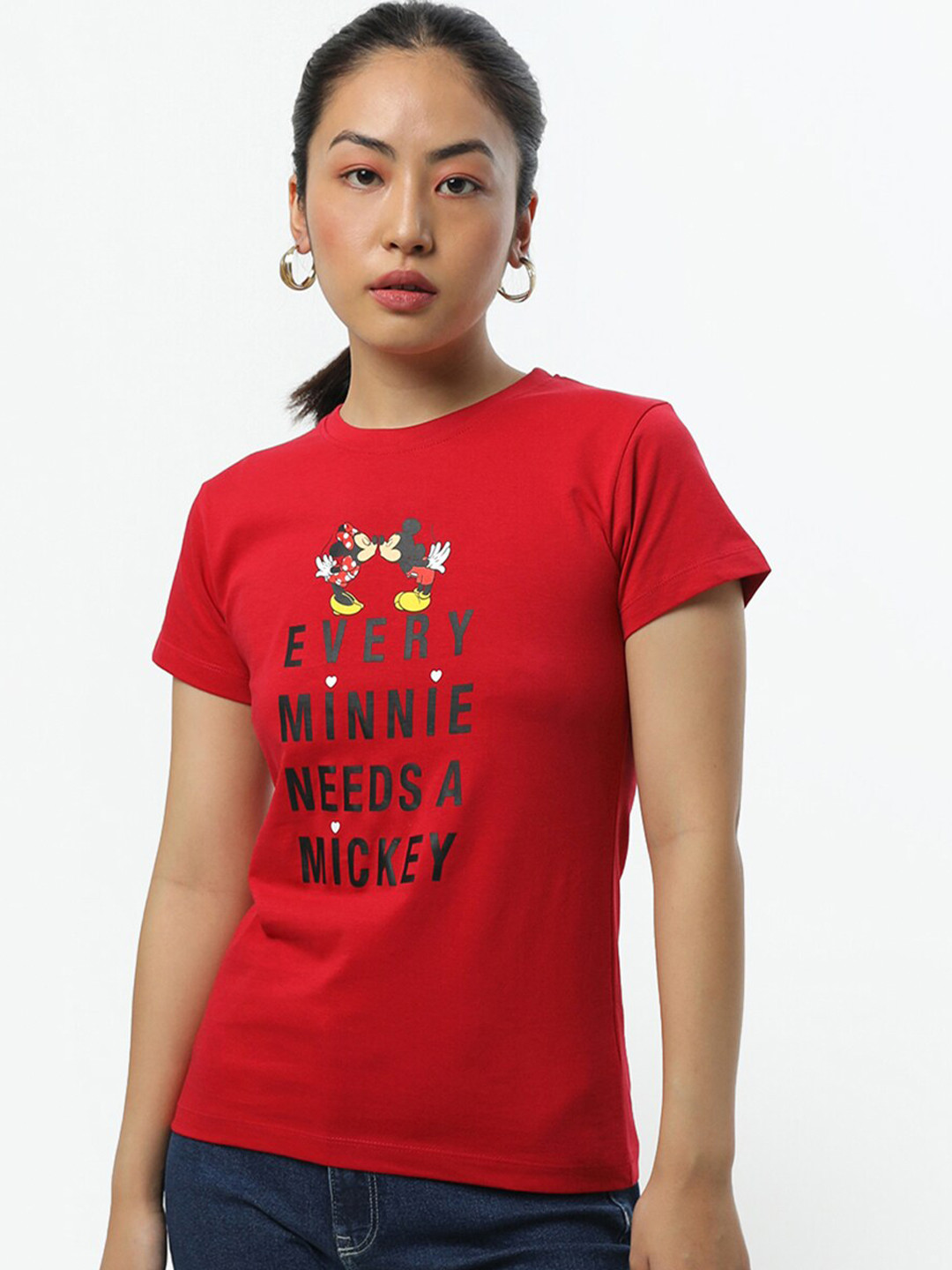 

Bewakoof Women Red Typography Mickey Mouse Printed T-shirt