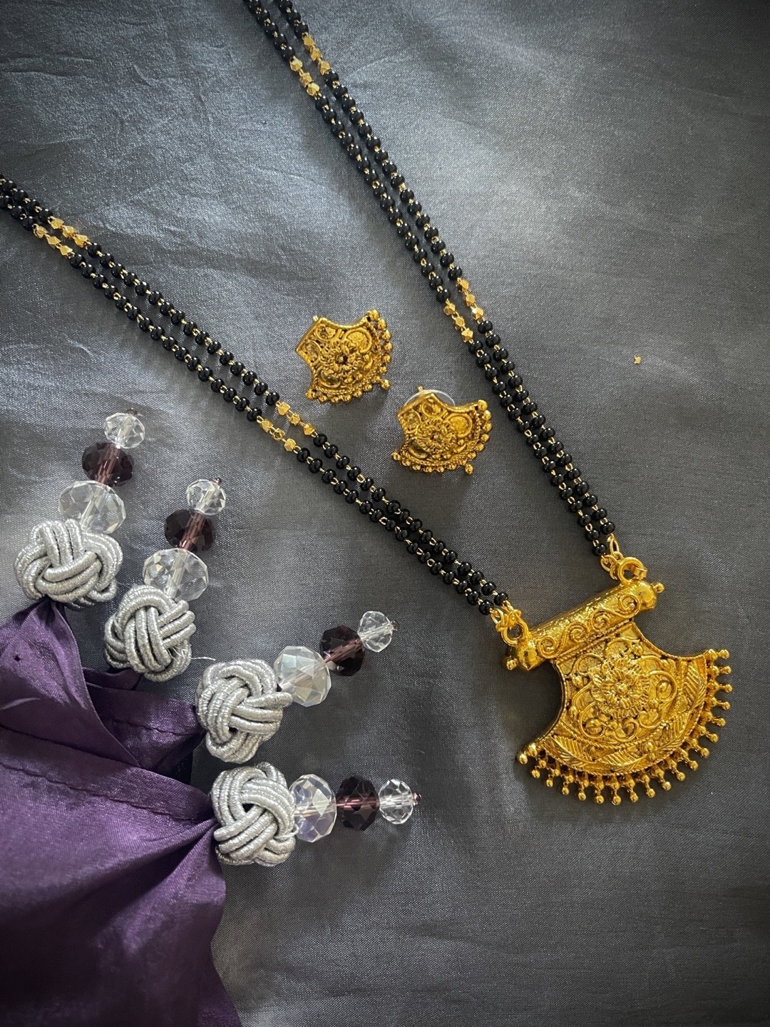 

Digital Dress Room Gold-Plated & Black Beaded Mangalsutra With Earrings