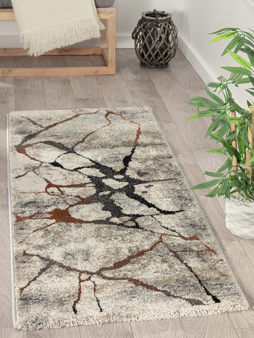 

OBSESSIONS Beige & Charcoal Grey Abstract Floor Runner