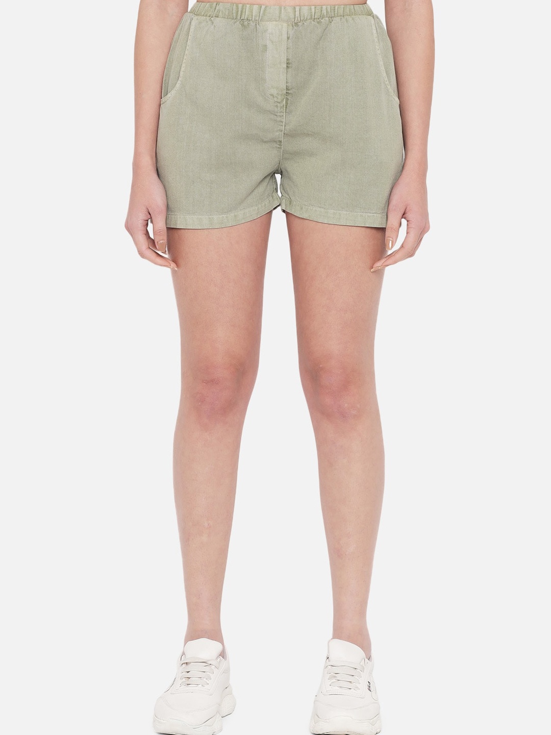 

Orchid Blues Women Olive Green e-Dry Technology Denim Washed Shorts