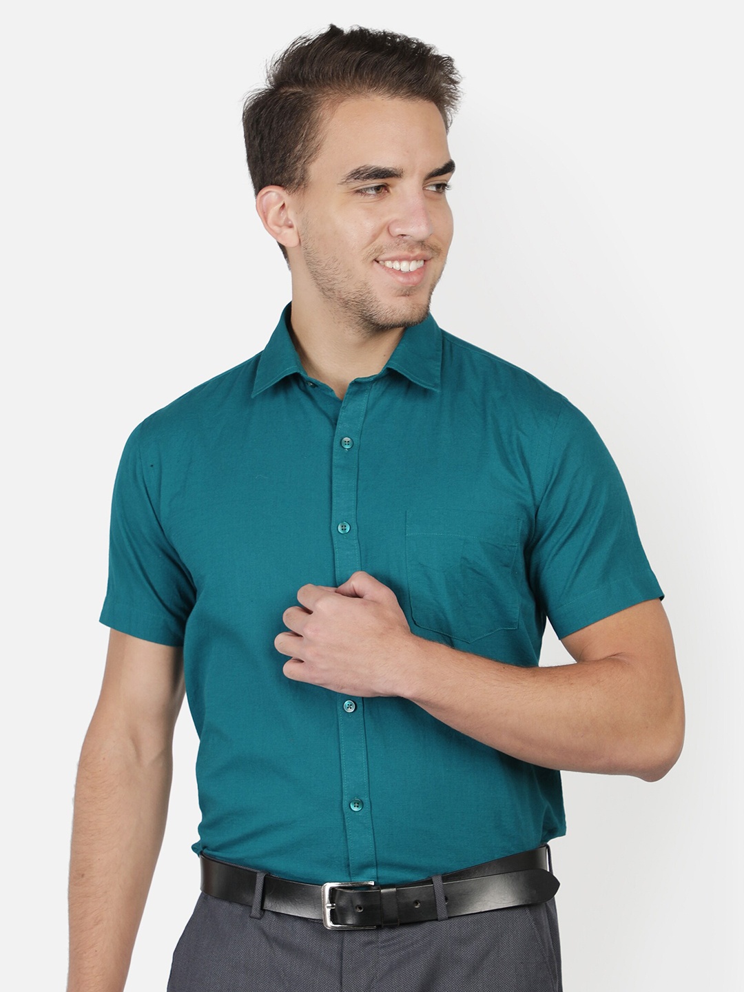 

Southbay Men Teal Blue Smart Tailored Fit Cotton Linen Formal Shirt