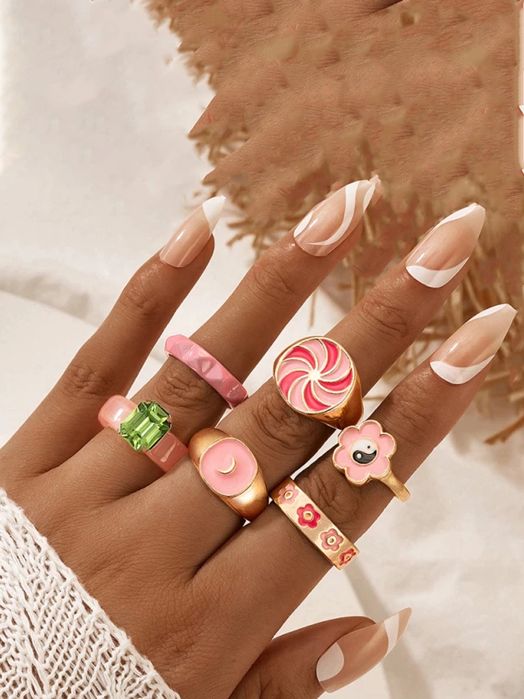 

Jewels Galaxy Set Of 6 Gold-Plated Pink Adjustable Finger Ring