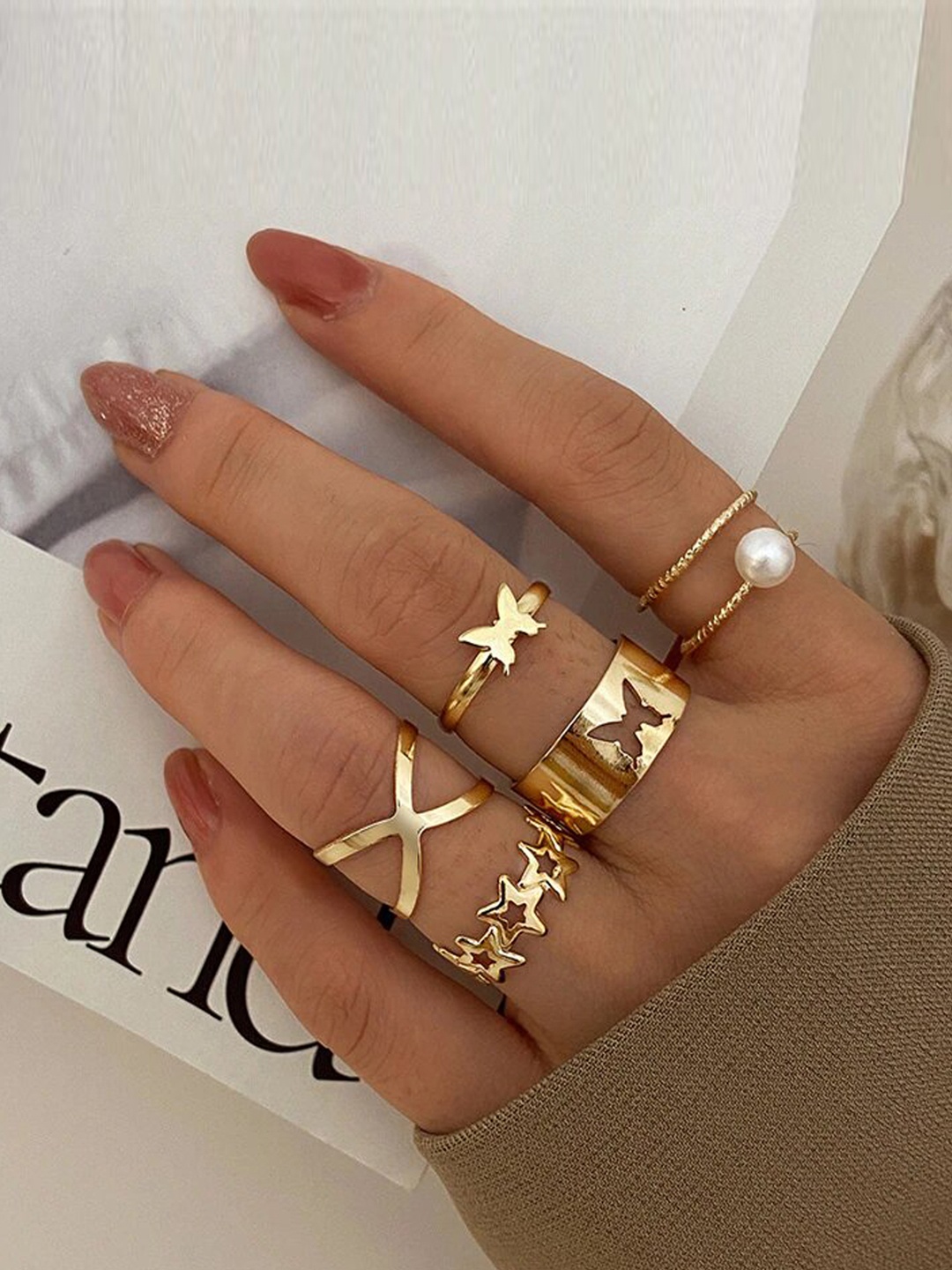 

Jewels Galaxy Women Set Of 5 Gold-Plated Adjustable Finger Ring