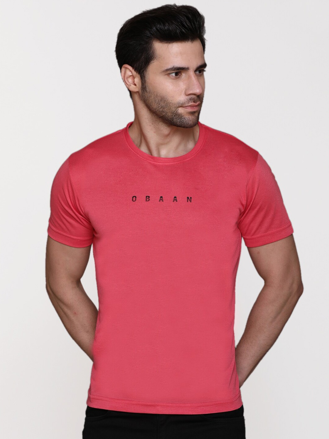 

Obaan Men Pink & Navy Blue Brand Logo Printed T-shirt