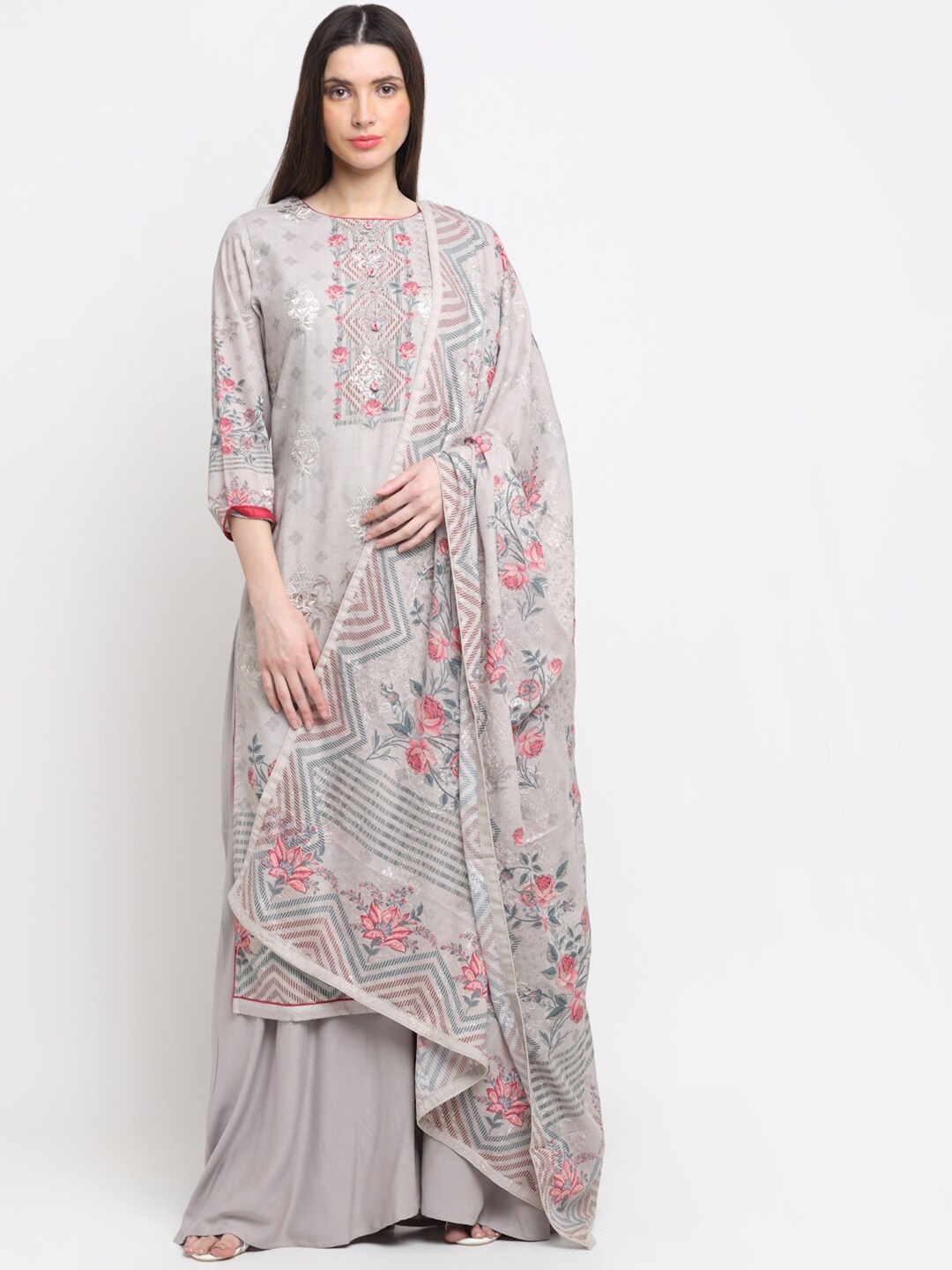 

Stylee LIFESTYLE Grey & Pink Printed Unstitched Beads & Stones Dress Material