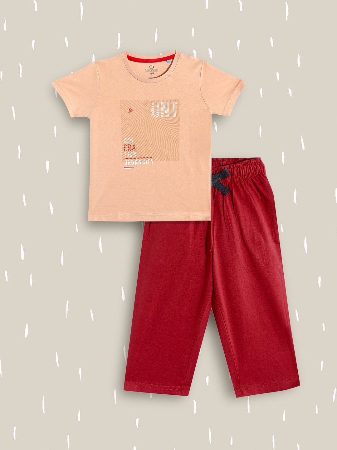 

Sweet Dreams Boys Beige & Red Typography Print Pyjama Set