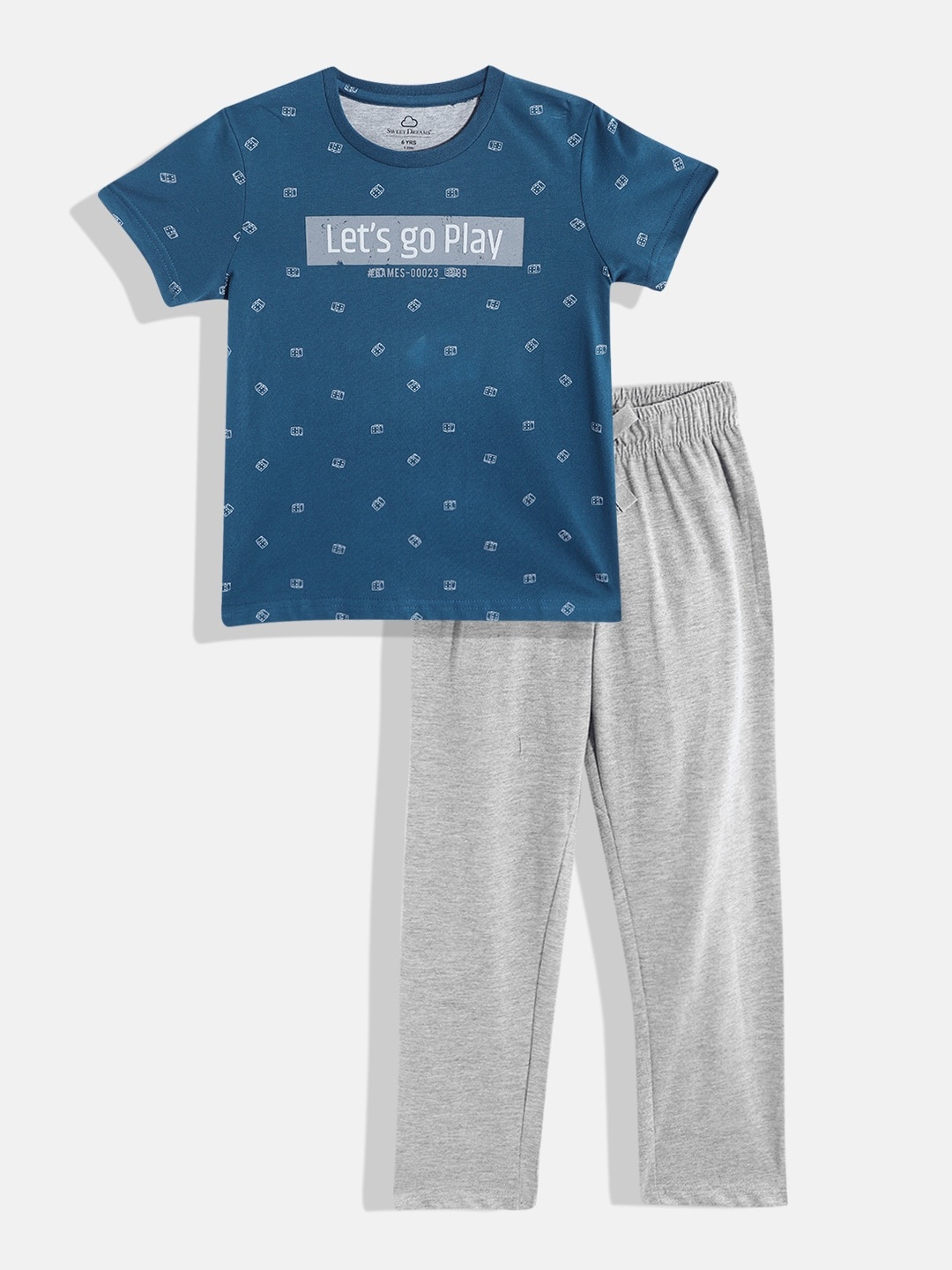 

Sweet Dreams Boys Navy Blue & Grey Melange Printed Pyjama Set