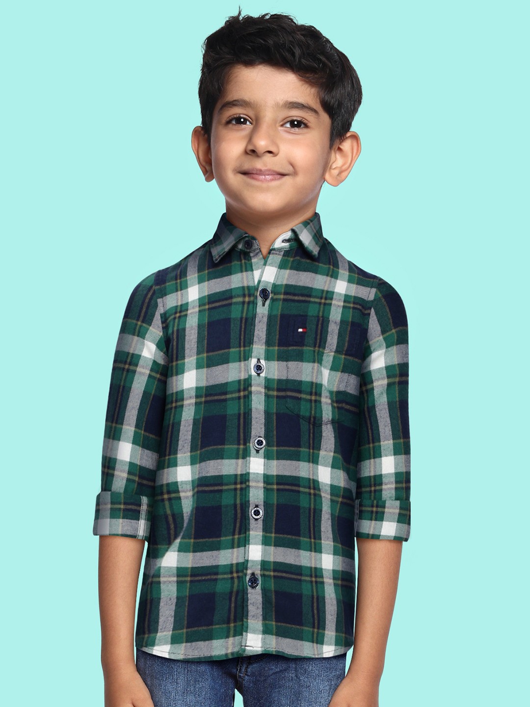 

Tommy Hilfiger Boys Navy Blue & Green Checked Casual Shirt