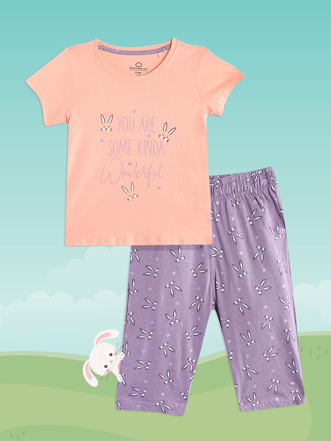 

Sweet Dreams Girls Peach-Coloured & Purple Printed Pyjama Set