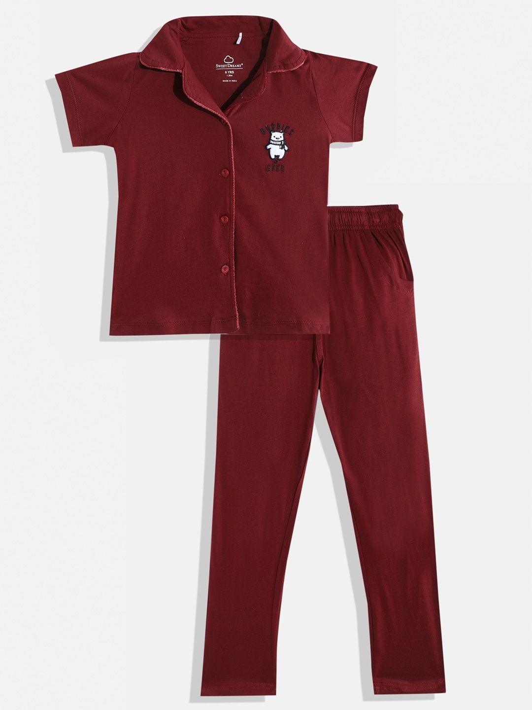 

Sweet Dreams Girls Maroon Solid Pure Cotton Pyjama Set
