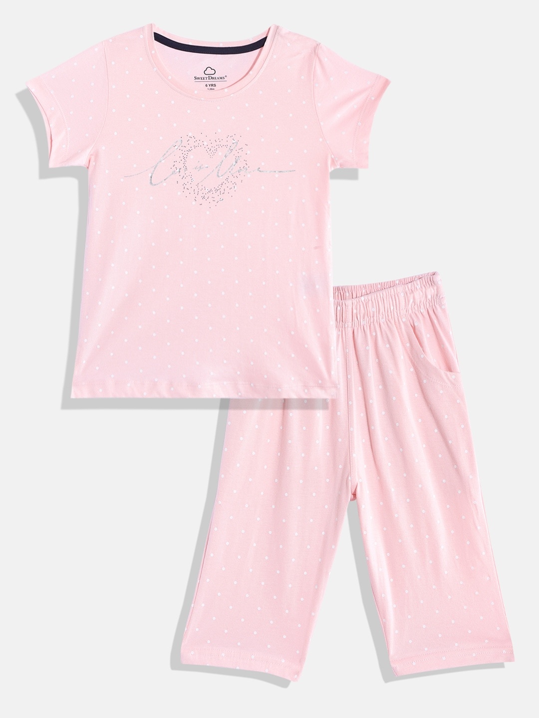 

Sweet Dreams Girls Pink & White Polka Dot Print Pure Cotton Pyjama Set