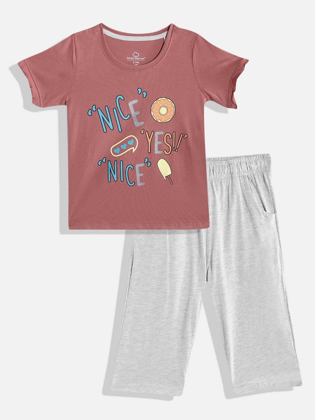 

Sweet Dreams Girls Dusty Rose Pink & Grey Melange Printed Pure Cotton Pyjama Set