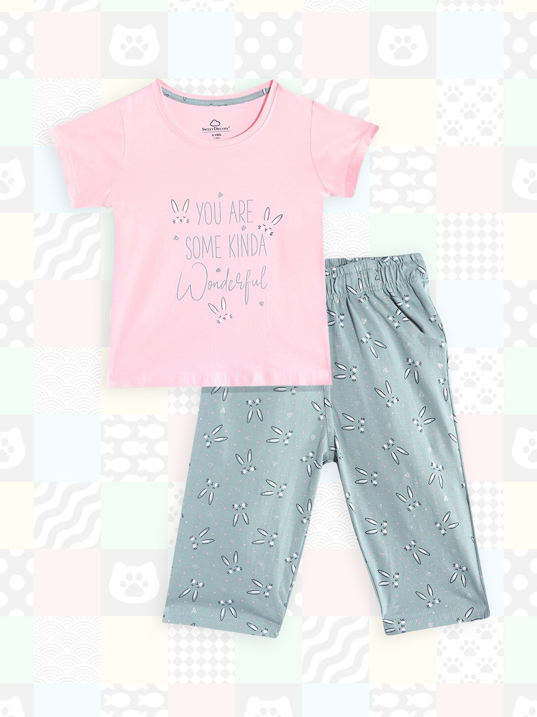 

Sweet Dreams Girls Pink & Green Printed Pyjama Set