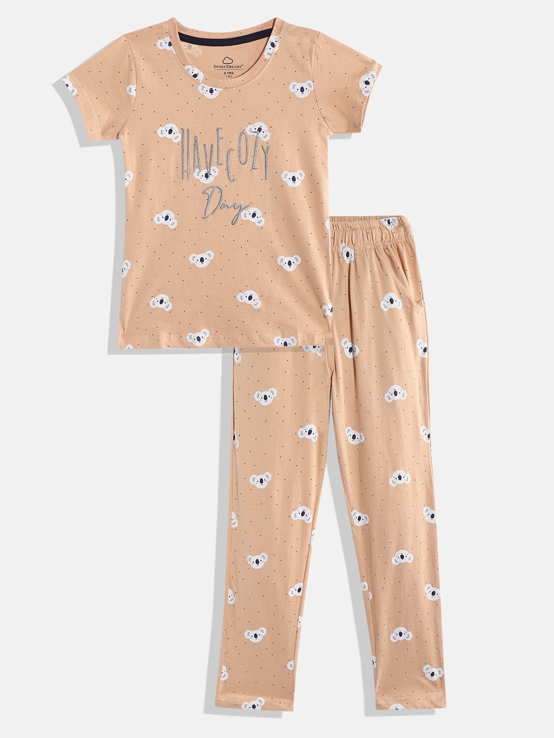 

Sweet Dreams Girls Beige & White Printed Pure Cotton Pyjama Set