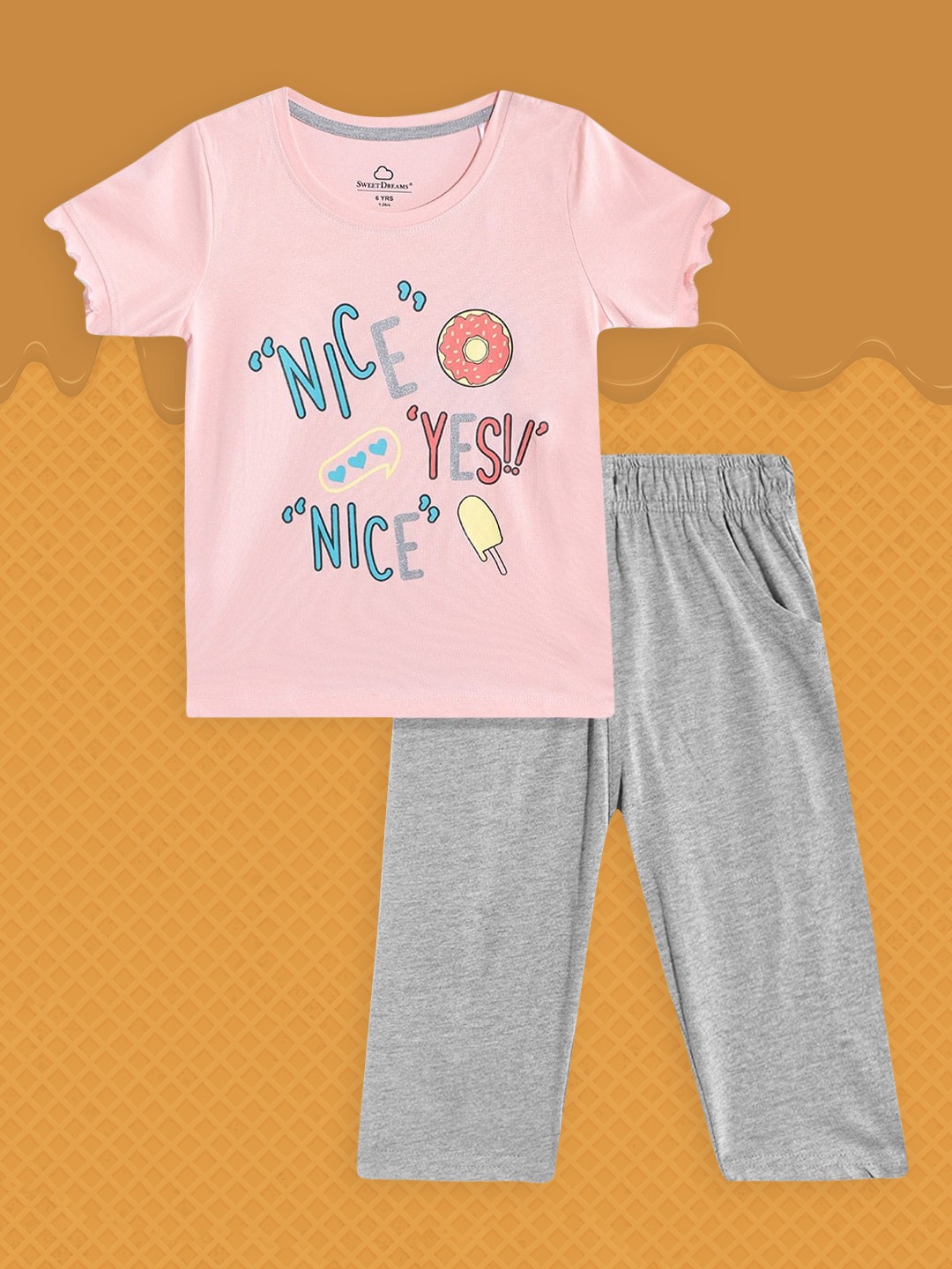 

Sweet Dreams Girls Pink & Grey Melange Printed Pure Cotton Pyjama Set