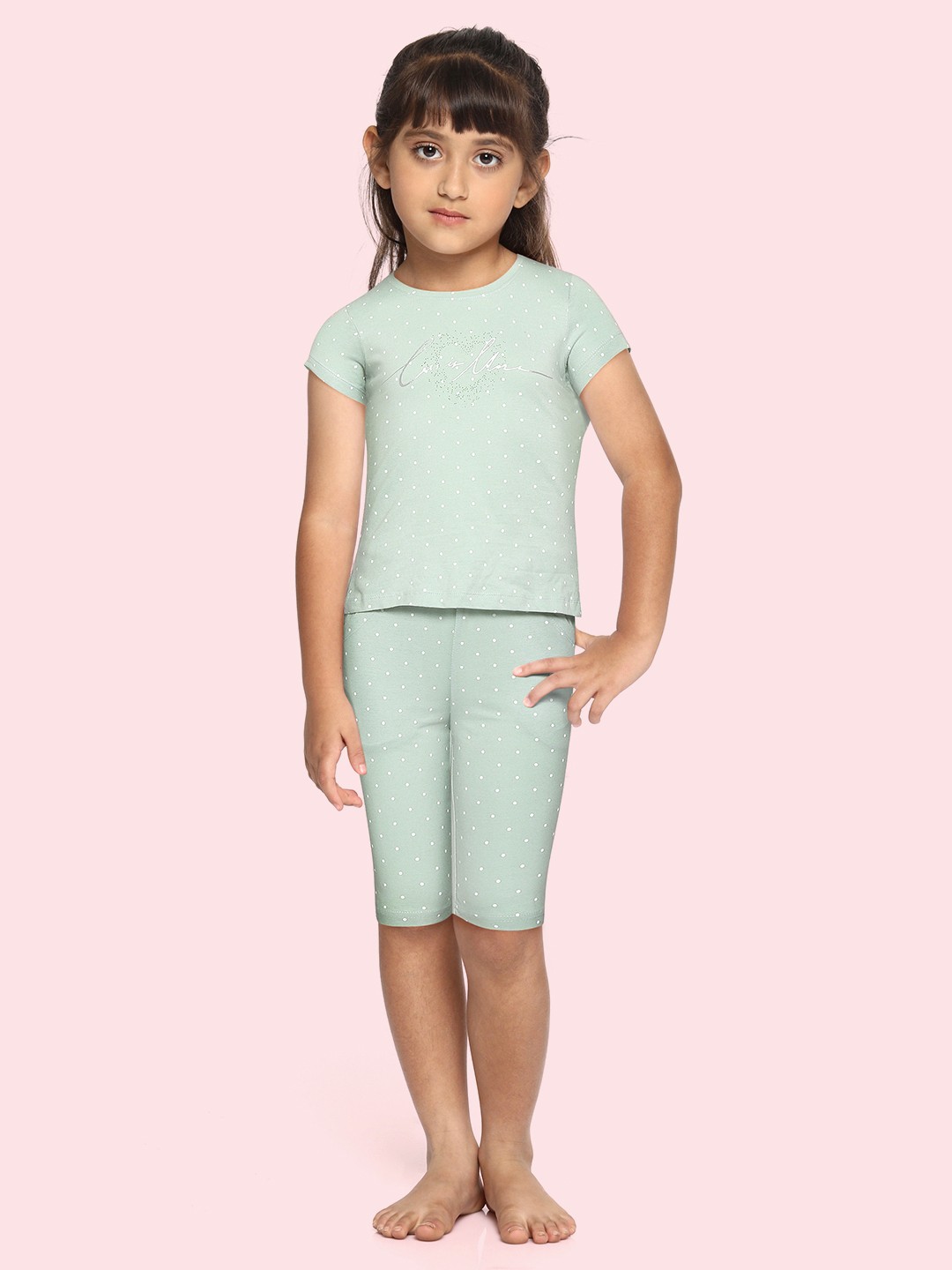 

Sweet Dreams Girls Sage Green & White Polka Print Pure Cotton Pyjama Set, Sea green