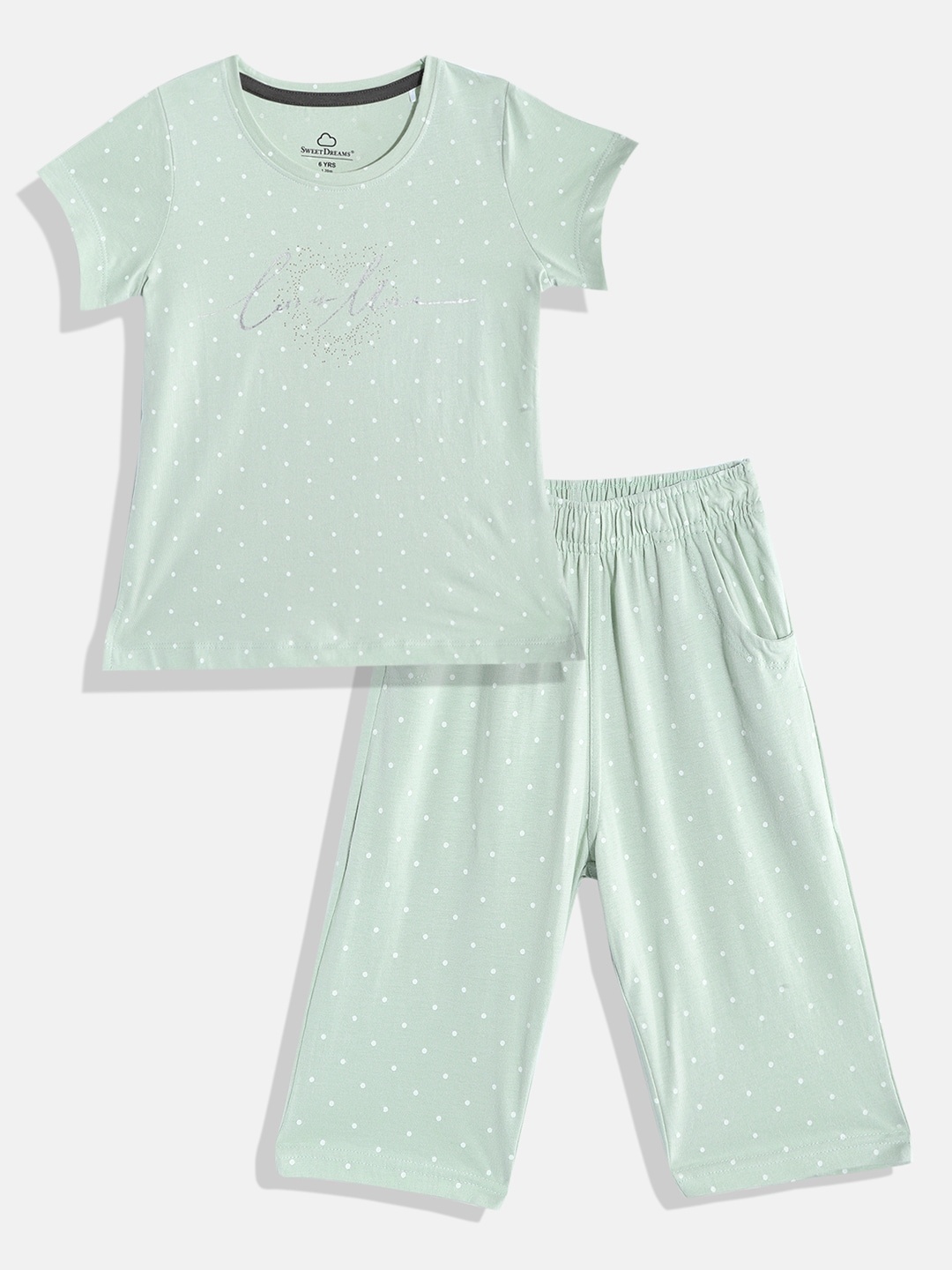 

Sweet Dreams Girls Sage Green & White Polka Print Pure Cotton Pyjama Set, Sea green
