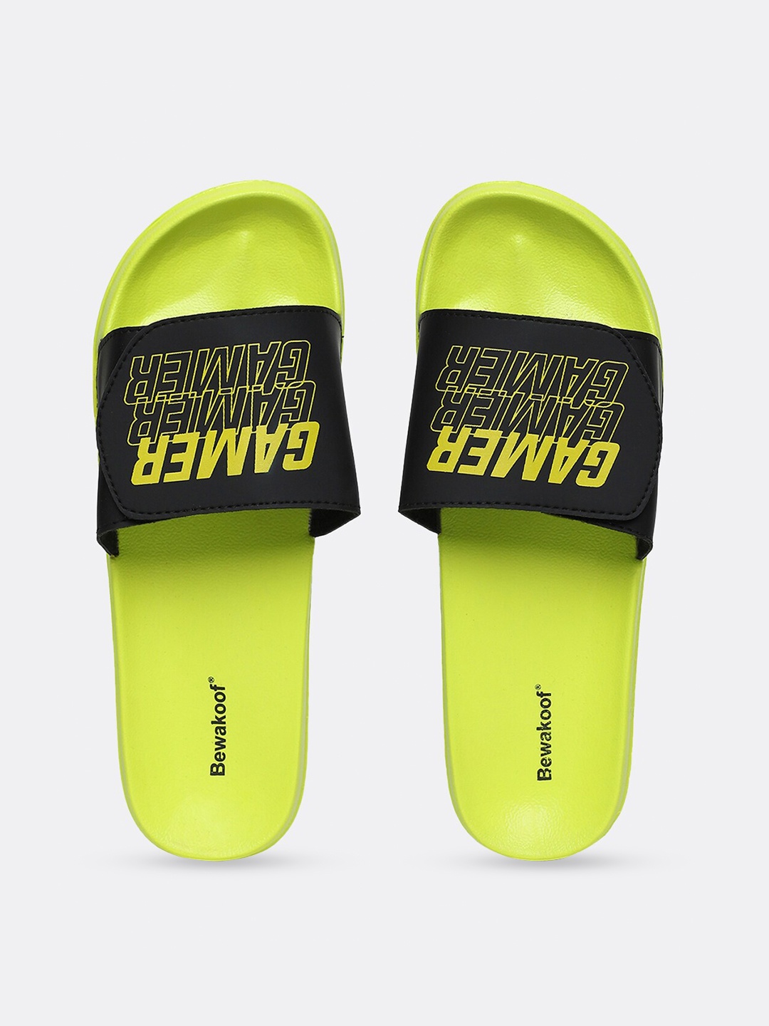 

Bewakoof Men Fluorescent Green & Black Printed Rubber Sliders