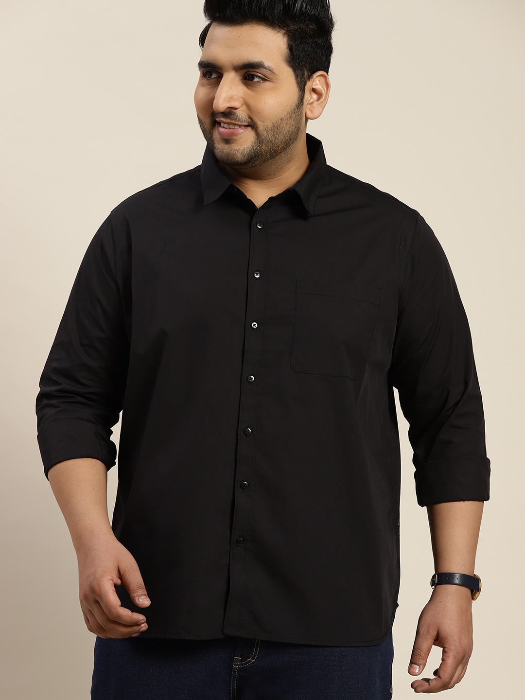 

Sztori Men Plus Size Black Solid Pure Cotton Casual Shirt