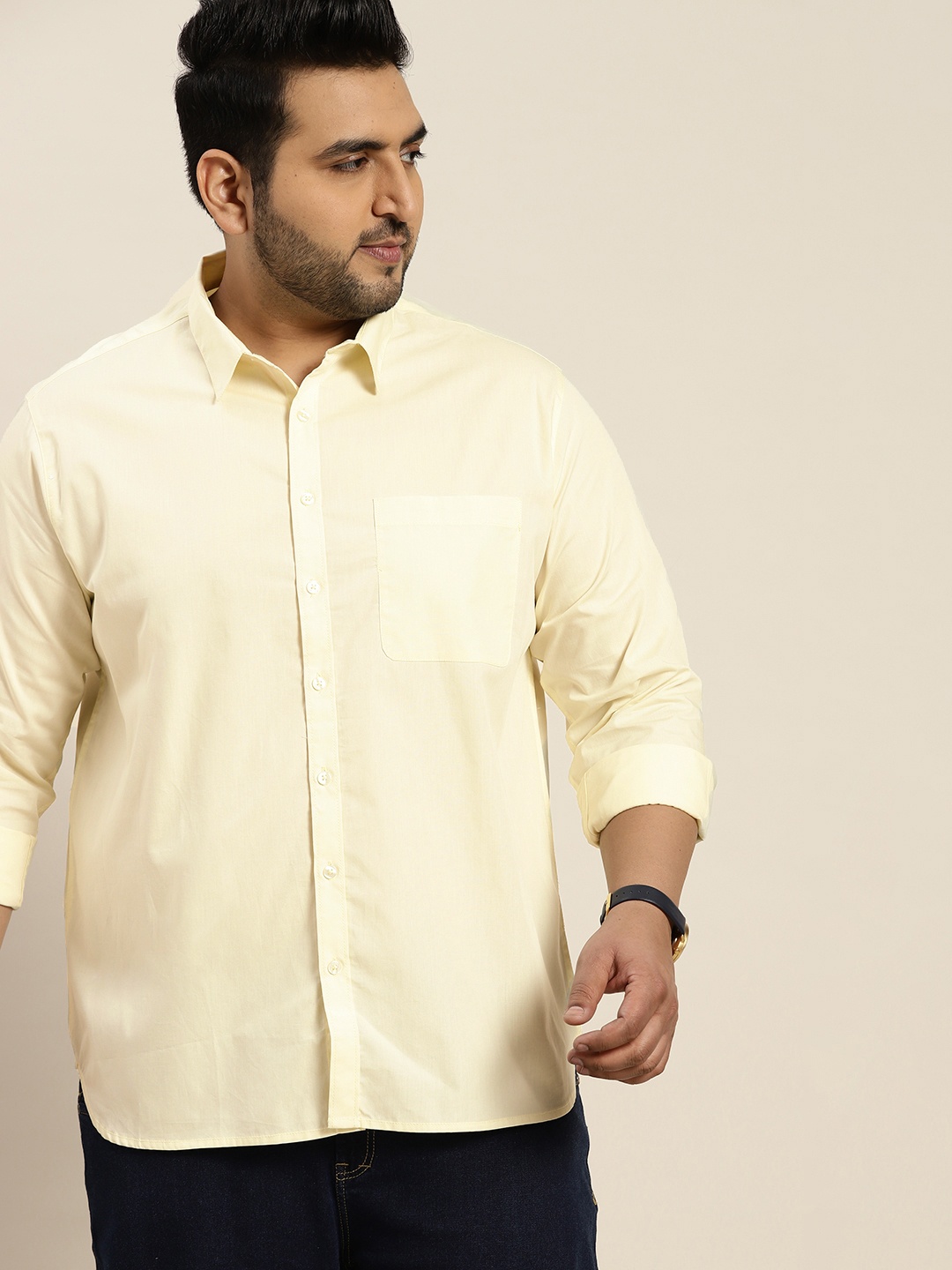 

Sztori Men Plus Size Yellow Pure Cotton Solid Casual Shirt