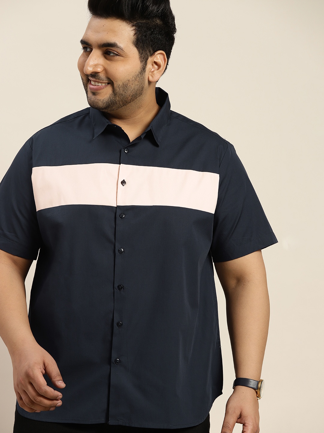 

Sztori Men Plus Size Navy Blue Pure Cotton Colourblocked Casual Shirt