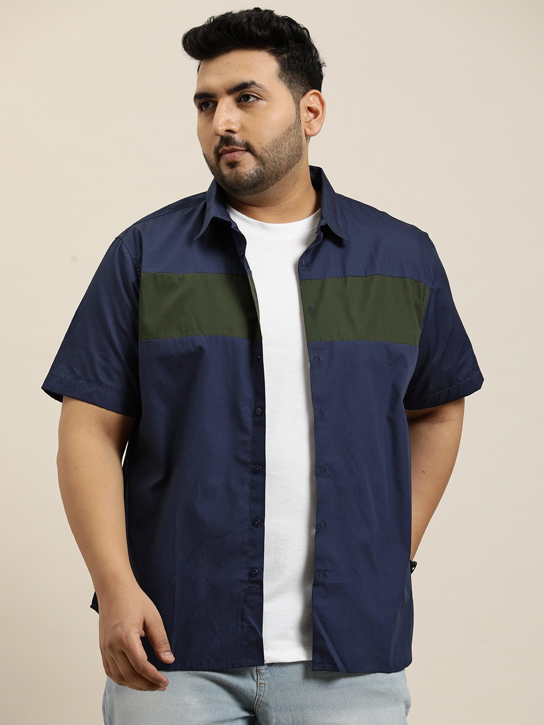 Sztori Plus Size Pure Cotton Colourblocked Casual Shirt, Navy blue