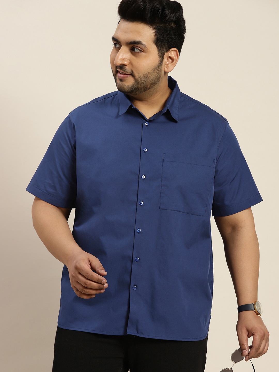 

Sztori Men Plus Size Navy Blue Pure Cotton Solid Casual Shirt