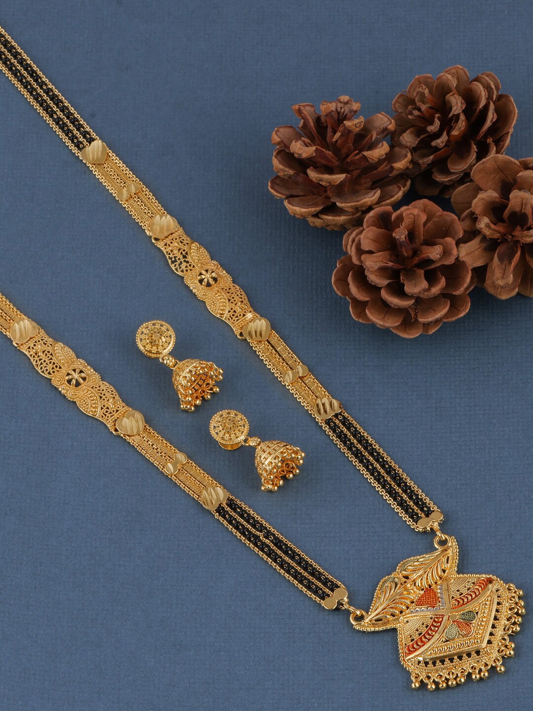 

Brandsoon Gold-Plated & Black Beaded Mangalsutra With Earrings