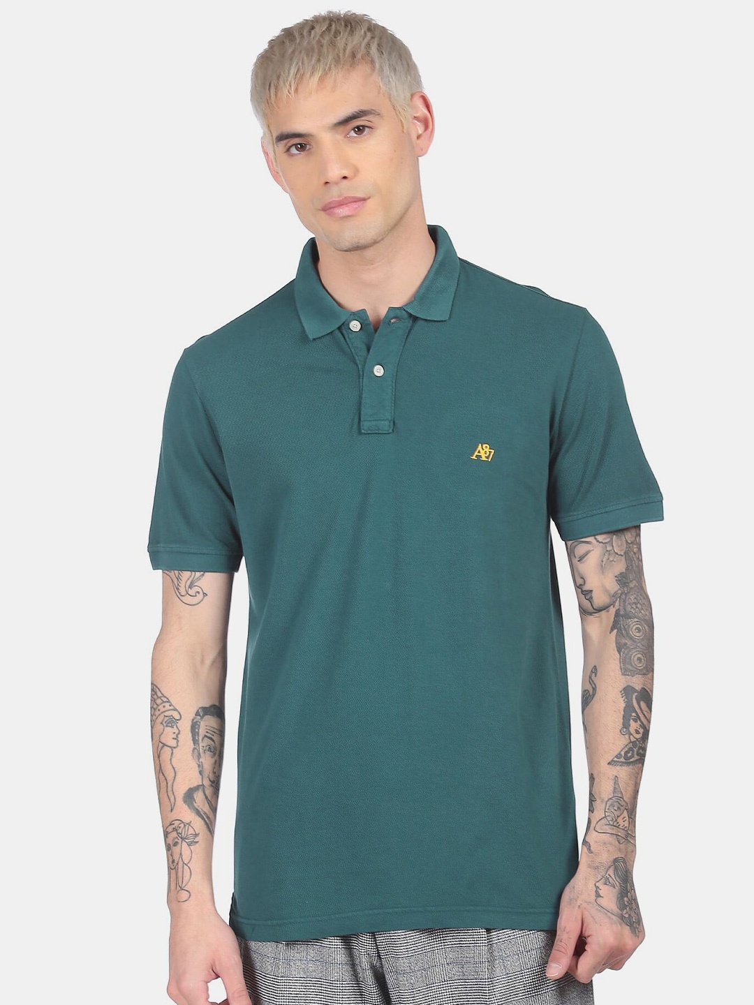 

Aeropostale Men Teal Green Polo Collar Pure Cotton T-shirt