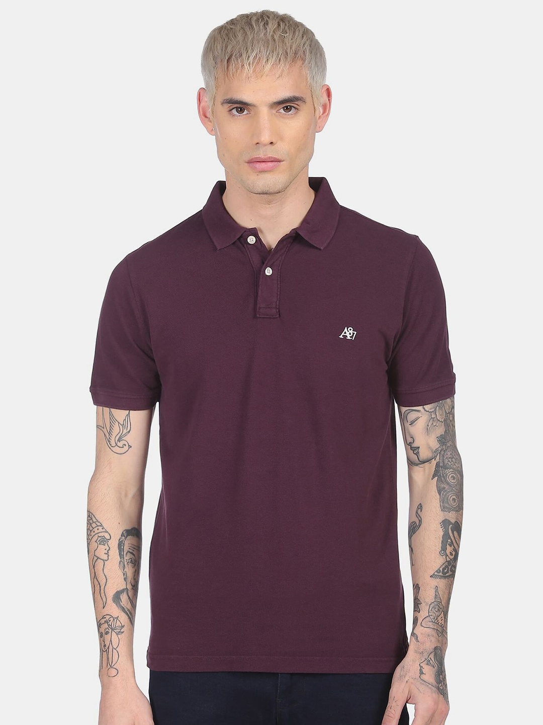 

Aeropostale Men Burgundy Polo Collar Cotton T-shirt