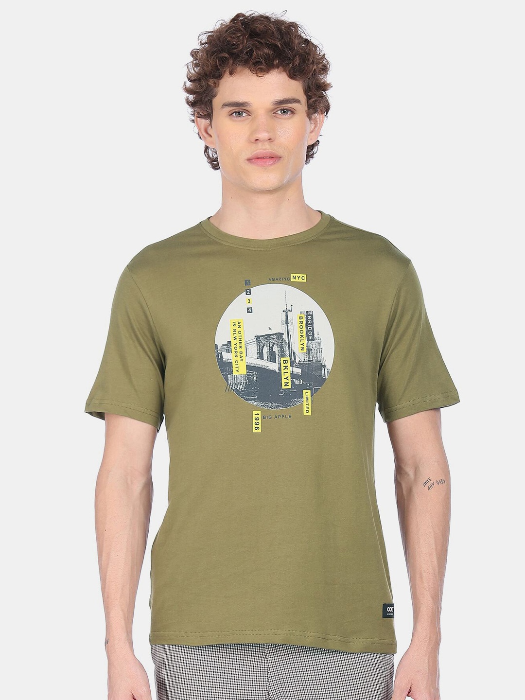 

Colt Men Olive Green & Black Printed Pure Cotton T-shirt