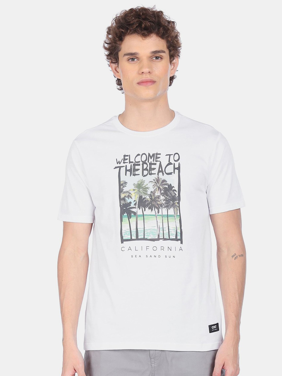 

Colt Men White & Black Printed Pure Cotton T-shirt