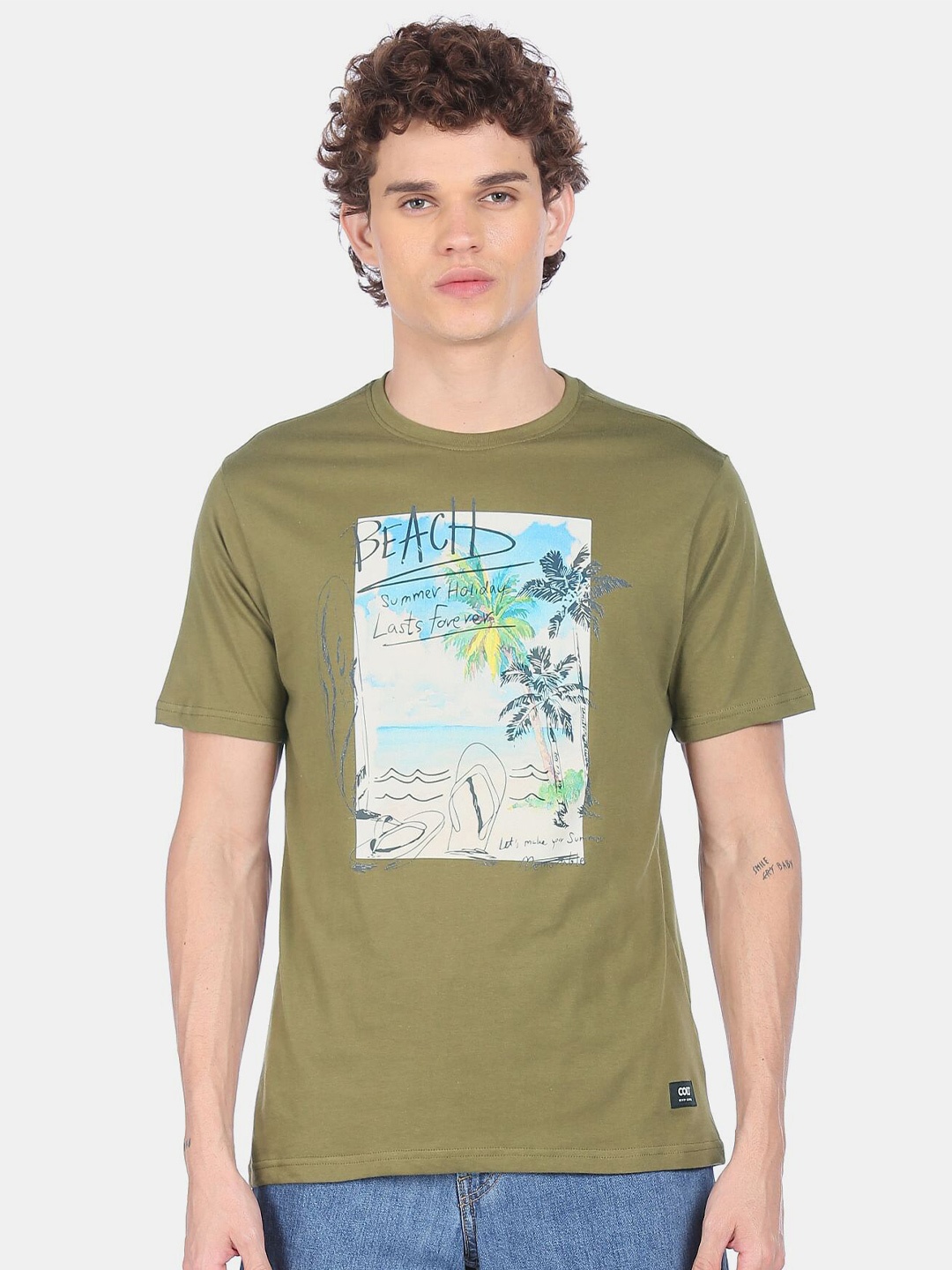 

Colt Men Olive Green & White Printed Pure Cotton T-shirt