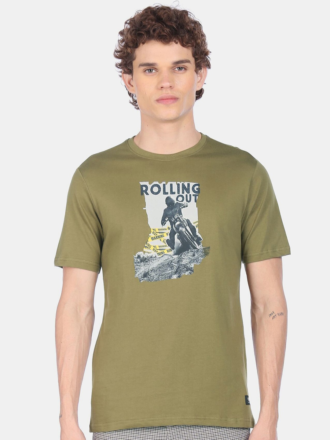 

Colt Men Olive Green & Black Printed Pure Cotton T-shirt