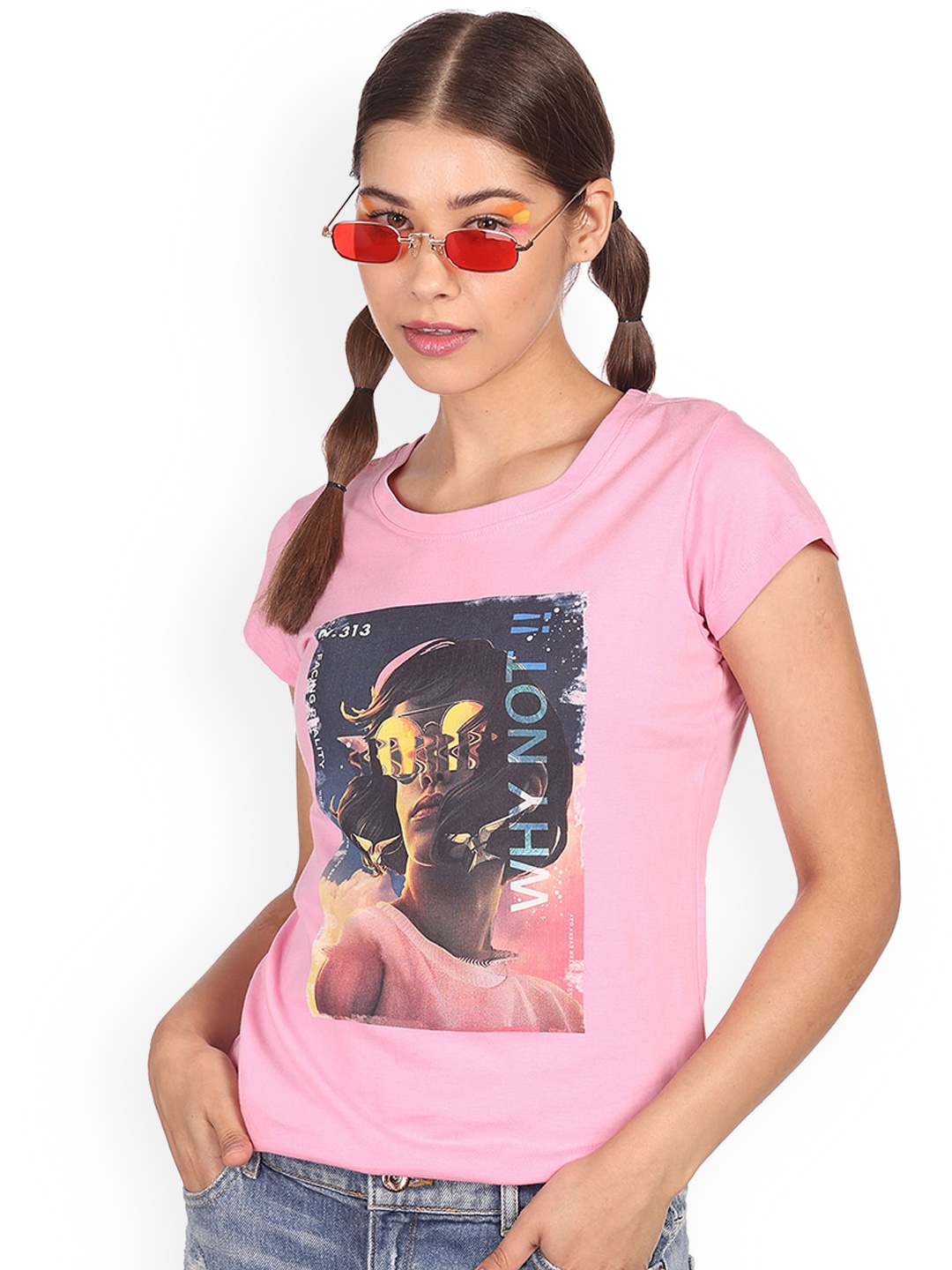 

Sugr Women Pink & Navy Blue Printed Pure Cotton T-shirt