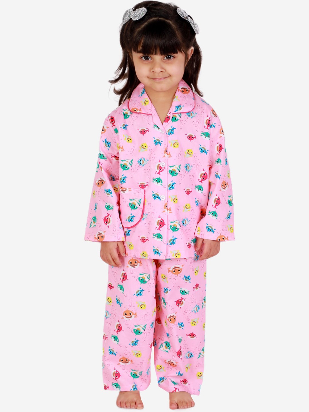 

KID1 Girls Pink & Blue Printed Pure Cotton Night Suit