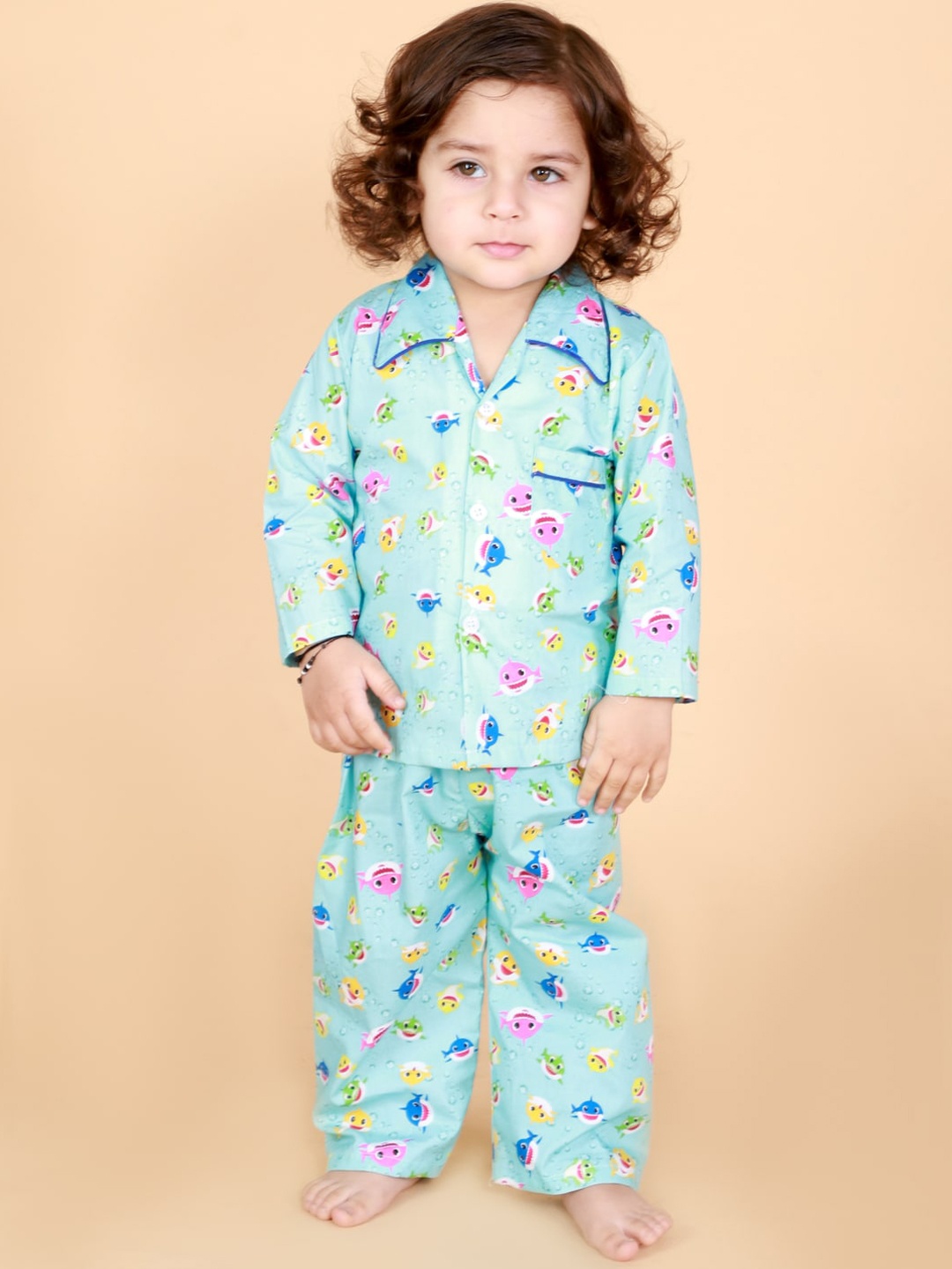 

KID1 Boys Turquoise Blue & Pink Printed Pure Cotton Night suit